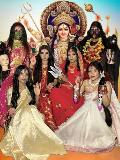A composite image showing multiple students portraying the different forms of the goddess Navdurga, a collaborative and ambitious project.