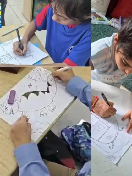 This collage captures the focused energy of our students during class. Whether at home or in a school setting, children are fully engaged in the step-by-step process of creating their art.