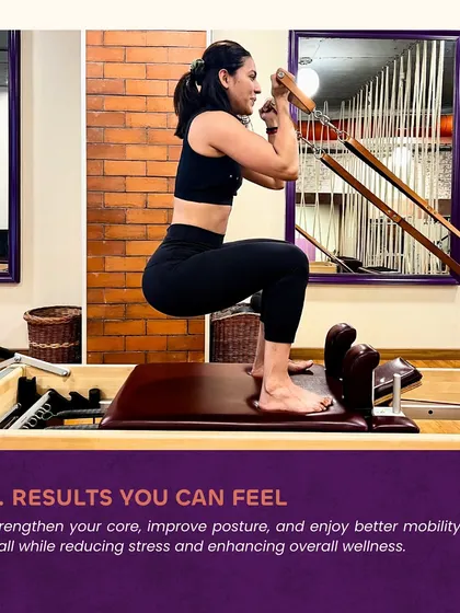 You will feel the results when you practice with us. This client on the Reformer is strengthening her core, improving her posture, and enhancing her overall wellness in our supportive studio environment.