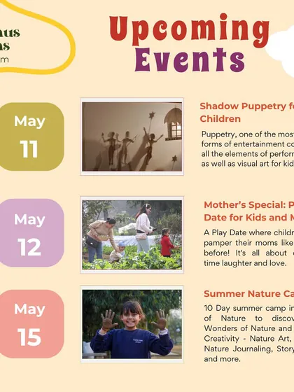 A summary of our upcoming events in May, including shadow puppetry, a Mother's Day special, and a summer nature camp.