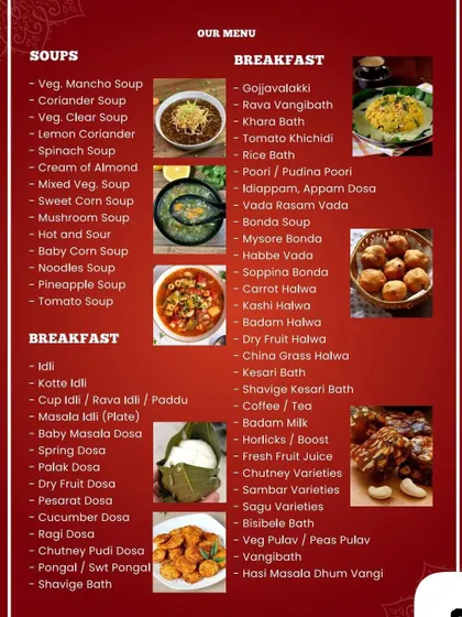 Explore our menu for soups and breakfast items. We offer a wide variety from Veg Manchow Soup to classic South Indian tiffin like Idli, Vada, and various dosas.