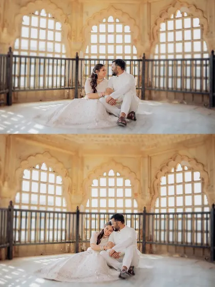 Two variations of a tender moment inside a beautifully lit palace corridor. We explore different expressions and compositions to ensure we capture the perfect, most authentic shot.