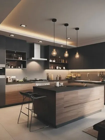This is a statement kitchen island in dark wood, providing ample workspace and seating. Paired with matte grey cabinets and pendant lighting, it creates a sophisticated, modern look.