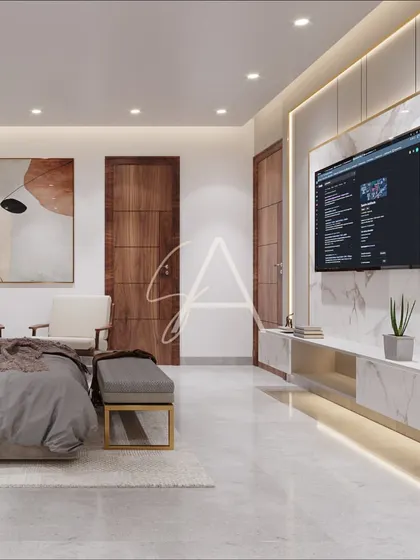 A different angle of the bedroom, highlighting the floating media console against a marble-clad wall. The backlighting adds a touch of drama and sophistication, turning the TV wall into a design feature.