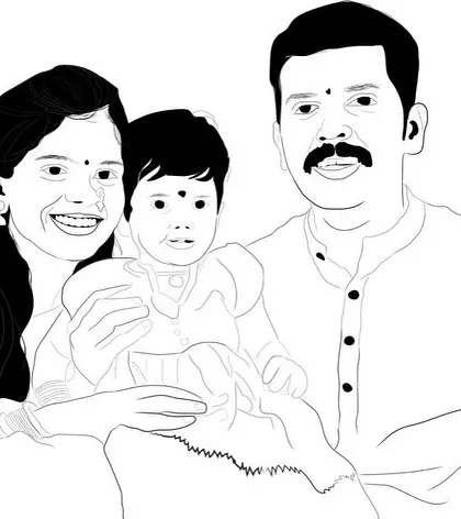 The line art version of the detailed family portrait, showing the foundational drawing before color is added.