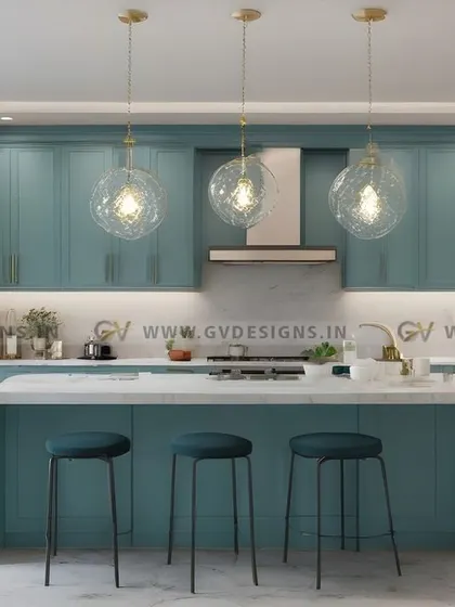 Our design versatility is shown in this vintage-inspired kitchen. The bold teal cabinetry, classic shaker-style doors, and elegant pendant lights over the island create a space that is full of character, proving that modern functionality can coexist with timeless charm.
