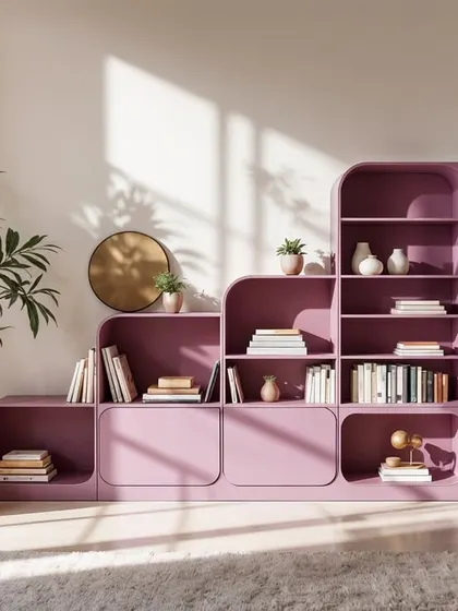 A playful and modern bookshelf design with rounded edges and a mix of open and closed storage. The soft lavender color adds a fresh and stylish touch.