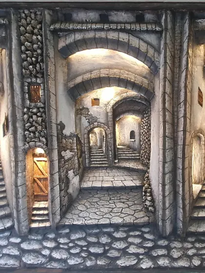 This image captures the essence of our 3D paintings. The crumbling plaster, exposed stonework, and winding paths create a story of a place with a rich history, making it a captivating piece of art for any home.