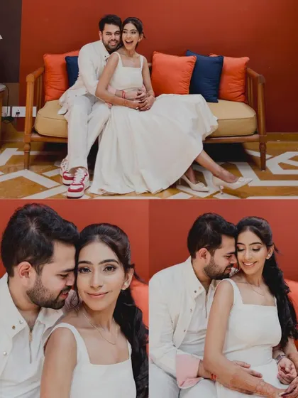 A collage of intimate couple portraits, showing them sharing close moments on a couch and capturing their affectionate bond.