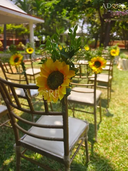 Even the smallest details contribute to the theme. Here, guest chairs are beautifully decorated with bright sunflowers, adding a touch of sunshine to the seating area for this outdoor Haldi ceremony.