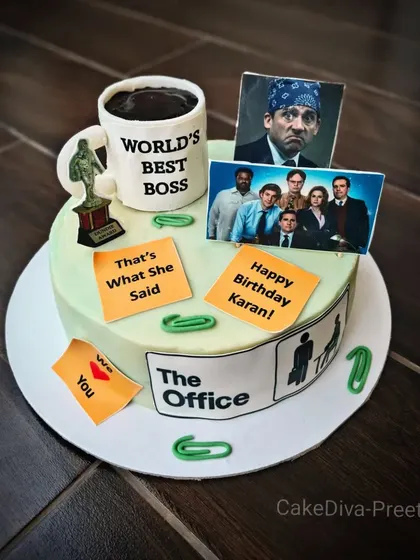 "That's what she said!" An awesome cake for a fan of "The Office." It includes the "World's Best Boss" mug, edible images of the cast, and other iconic references from the show.