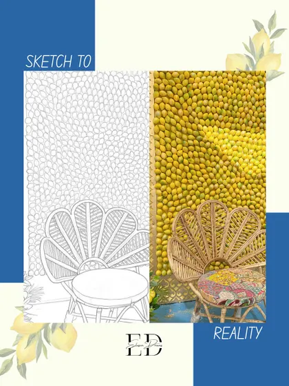 A 'sketch to reality' board showing the concept for the lemon wall and cane chair, illustrating how a creative idea is transformed into a beautiful, tangible setup.