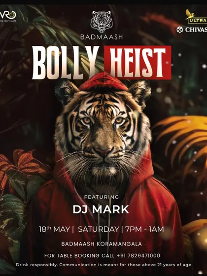 A poster for the 'Bolly Heist' themed night at Badmaash. We always come up with creative concepts to keep the party scene fresh.