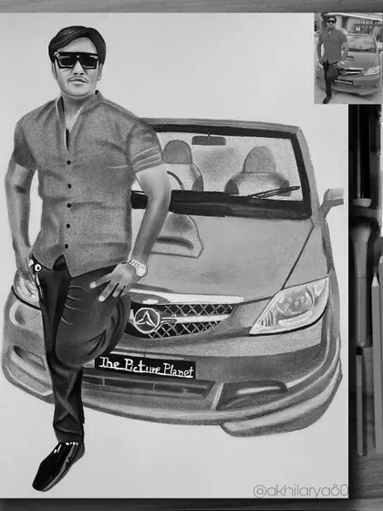 This A3 black and white sketch features a man posing with his car. It shows that I can include important elements like a vehicle to make the portrait more personal.