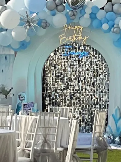 A closer look at the Frozen party backdrop, with the birthday girl's name in neon lights above the shimmering silver entrance.