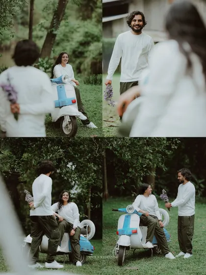 A collage telling a story of a sweet surprise, with the groom hiding flowers behind his back for the bride.