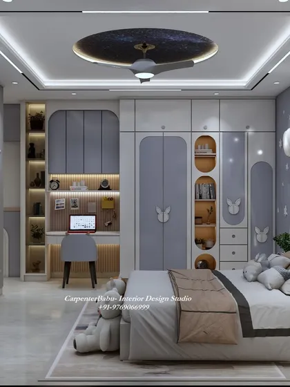 A space-themed kids' room with a rock-climbing wall! This design is perfect for an active child, combining fun and functionality with a cool, modern aesthetic.