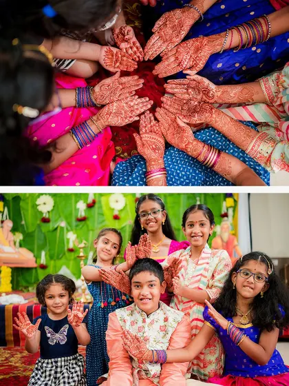 Children proudly showing off their mehendi-adorned hands at a thread ceremony. We love capturing the excitement of the youngest guests.