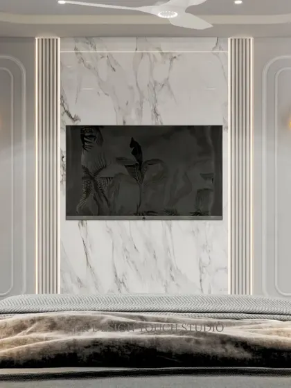 A render of the TV wall in the same bedroom, featuring a stunning marble panel flanked by elegant wall sconces and decorative molding.