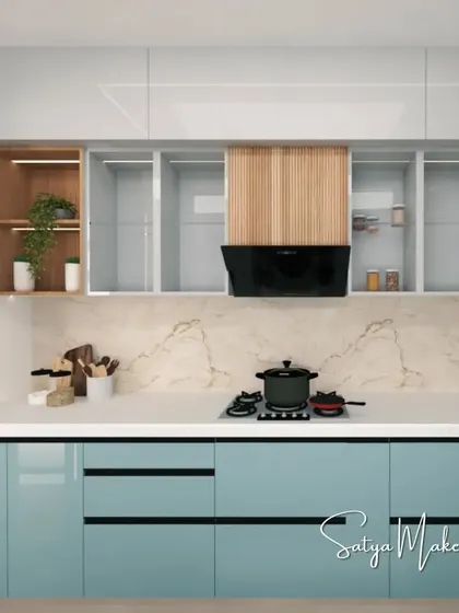 A 3D render of a modern kitchen with pastel blue cabinets, a marble backsplash, and integrated appliances.