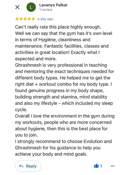 This detailed review from Lavanya highlights the key pillars of my service: hygiene, professional coaching tailored to body type, and a holistic approach that includes diet, sleep, and mindset. It's about achieving both body and mind goals.
