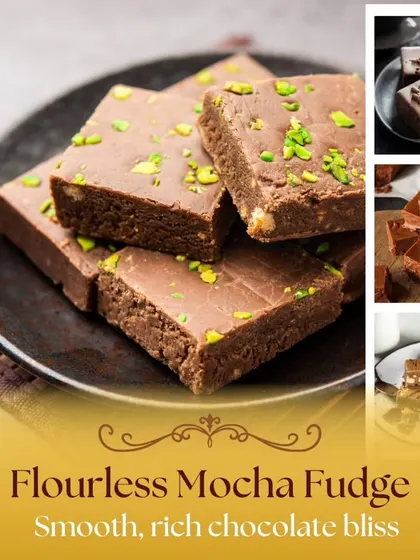 A collage of our smooth and rich Flourless Mocha Fudge. This gluten-free option ensures that all guests can indulge in our delicious dessert selection.