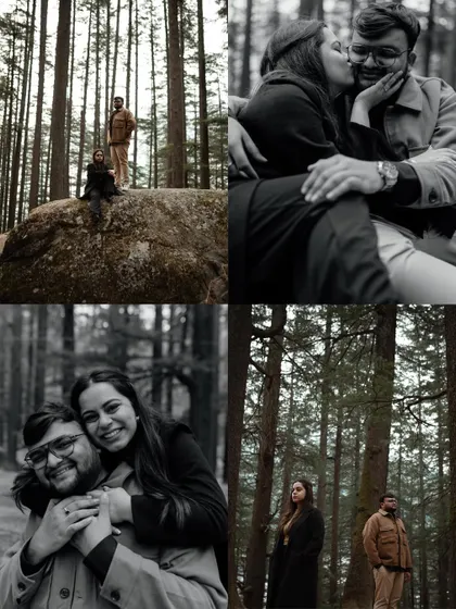 A collage of portraits from a forest shoot in Manali, blending wide shots that establish the scene with intimate black and white close-ups.