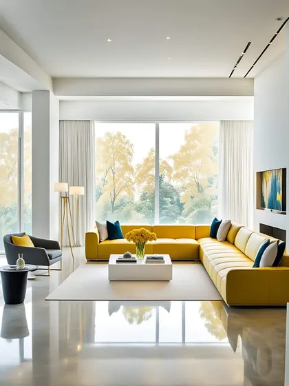 A duplicate of image 241/281, showcasing the minimalist living room with the yellow sofa.