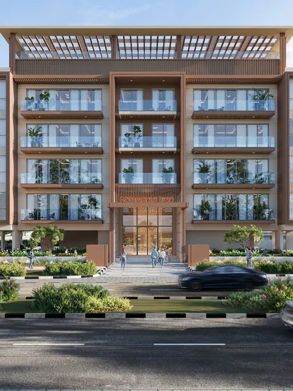 A street-level view of "Residence 60," a mid-rise apartment building. This render focuses on the building's facade, landscaping, and interaction with the street, including realistic vehicle motion blur.