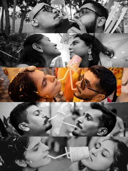 A creative collage of couples playfully sharing a drink, capturing the fun spirit of pre-wedding events.