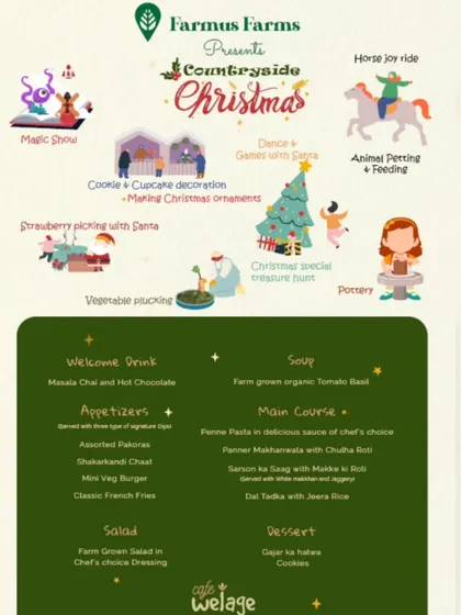 The event flyer for our Countryside Christmas, detailing activities like a magic show, horse joy rides, and cookie decoration.
