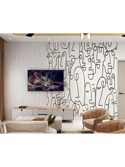 A closer view of the living room with the abstract mural, showing how it interacts with the TV and media unit. This is a great example of how to make a statement with wall art.