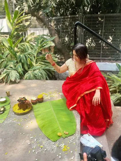 Getting ready to serve a Vishu feast. The fresh banana leaves are laid out, ready to be filled with the delicious dishes that celebrate the new year.
