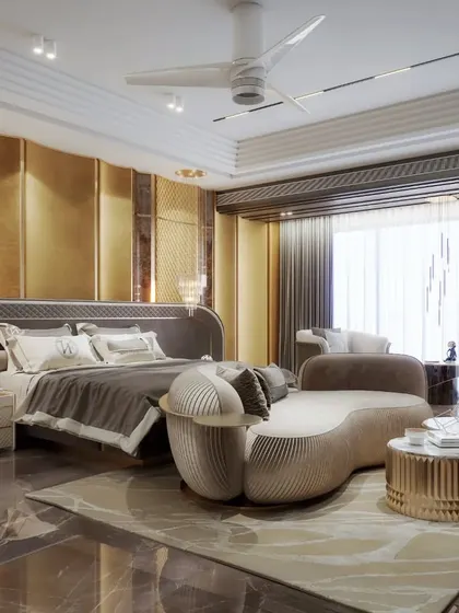 An opulent bedroom render featuring gold-paneled walls, a sculptural chaise lounge, and rich textures. This visualization is a showcase of high-end, maximalist luxury.