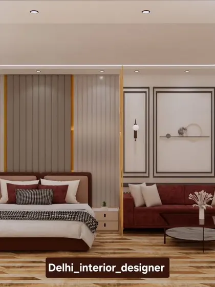 A wider view of the master bedroom concept, showing the layout with a dressing table and a full-length mirror.