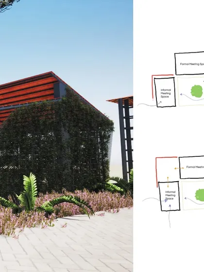 This composite image combines a render of the green-walled formal meeting space with my initial planning sketches. It provides a glimpse into my design process, moving from simple spatial diagrams to a fully realized architectural concept.
