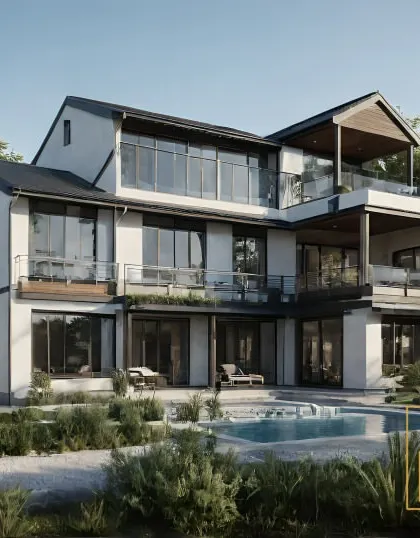 This is a 3D concept for a modern multi-level villa, designed to maximize natural light and outdoor connections. The design features extensive glazing, multiple balconies, and a poolside terrace, creating a home that is perfect for contemporary living.