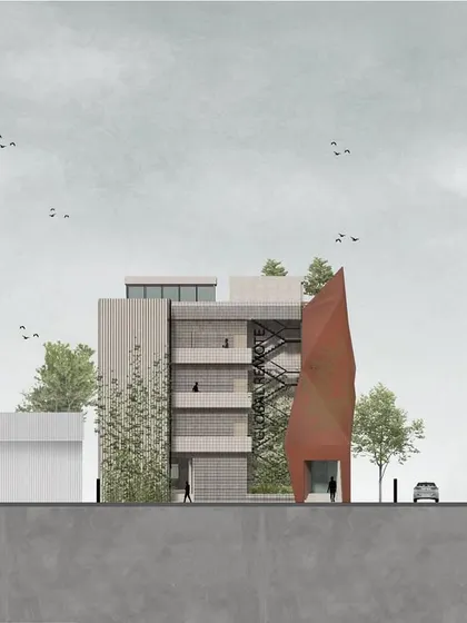 Another elevation of the Chennai office building, highlighting the perforated materiality and the integrated green facade. Our drawings are designed to be both technical documents and evocative representations of the final design.