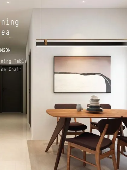 The Crimson Dining Table and Side Chairs featured in a modern dining area. The warm wood tones and clean lines of this collection are perfect for creating a sophisticated yet welcoming space for meals.