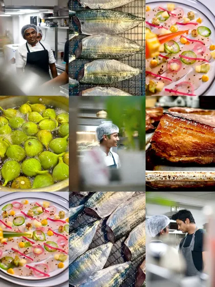 A collage showcasing our process. From fresh figs and fish being smoked to our chefs in action, this is a glimpse into the hard work and dedication that goes into every plate.