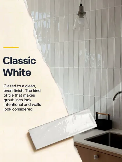 The classic white subway tile offers a clean, even finish. It's the kind of tile that makes grout lines look intentional and walls look considered, perfect for a timeless kitchen or bathroom backsplash.
