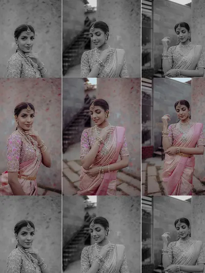 A creative nine-grid collage of a bride, mixing color and black and white photos to showcase different poses and moods.