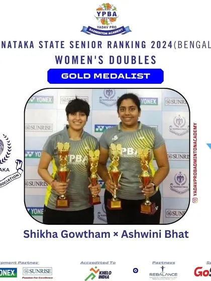 Gold medalists Shikha Gowtham and Ashwini Bhat in Women's Doubles at the Karnataka State Senior Ranking 2024.