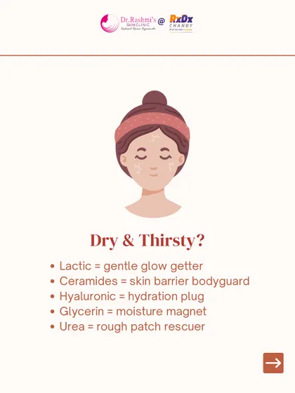 If your skin is dry and thirsty, focus on ingredients that hydrate and protect the skin barrier. Lactic acid offers a gentle glow, ceramides act as a barrier bodyguard, and hyaluronic acid serves as a powerful moisture magnet.