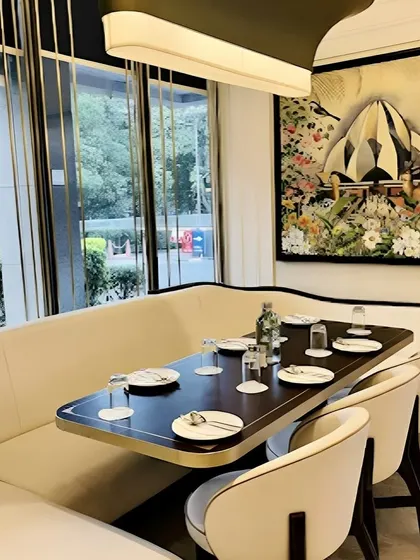 The finished Lotus Temple artwork installed at the restaurant, adding a touch of serene beauty and Delhi spirit to the dining space.