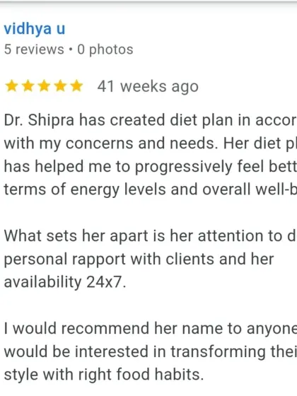 This review emphasizes my attention to detail and personal rapport with clients. I believe in being available for you, providing the support needed to transform your lifestyle with the right food habits.