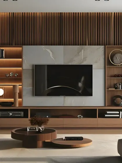 This large entertainment unit combines a grey stone-textured backdrop with warm wood cabinetry. The design includes open side shelves for decor and a long console with plenty of space for media devices.