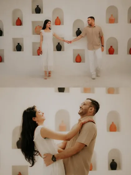 A collage showing a couple's playful and romantic moments against a clean, white set with decorative pots, reminiscent of a Santorini vibe.