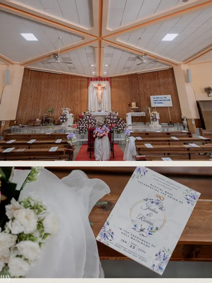 A collage showing the church altar and details like the wedding invitation and the bride's veil.