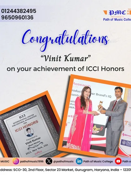 We celebrate our founder, Vinit Kumar, on receiving the prestigious ICCI Honors from the International Center for Cultural Integration, USA. This award acknowledges his role as a distinguished music mentor.